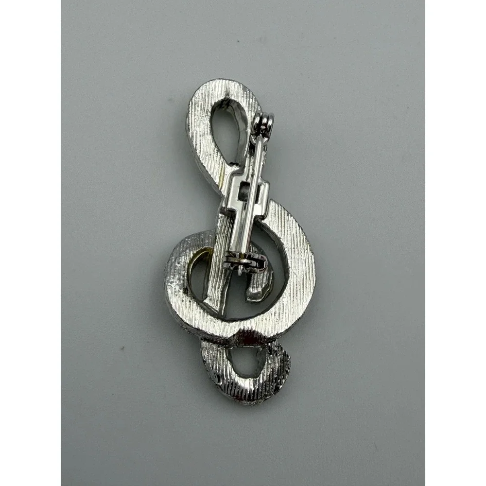Vintage Silver Tone Treble Clef Music Note Brooch Champagne Rhinestone Pin